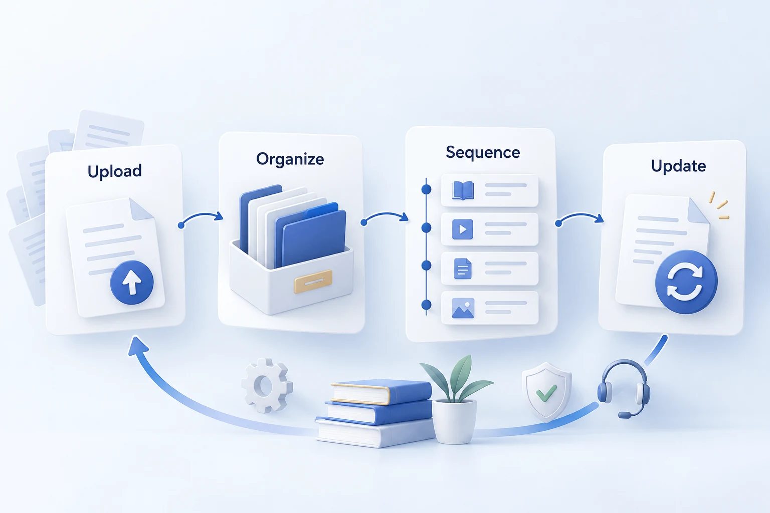 Illustration of content uploads, organization, sequencing, and ongoing updates