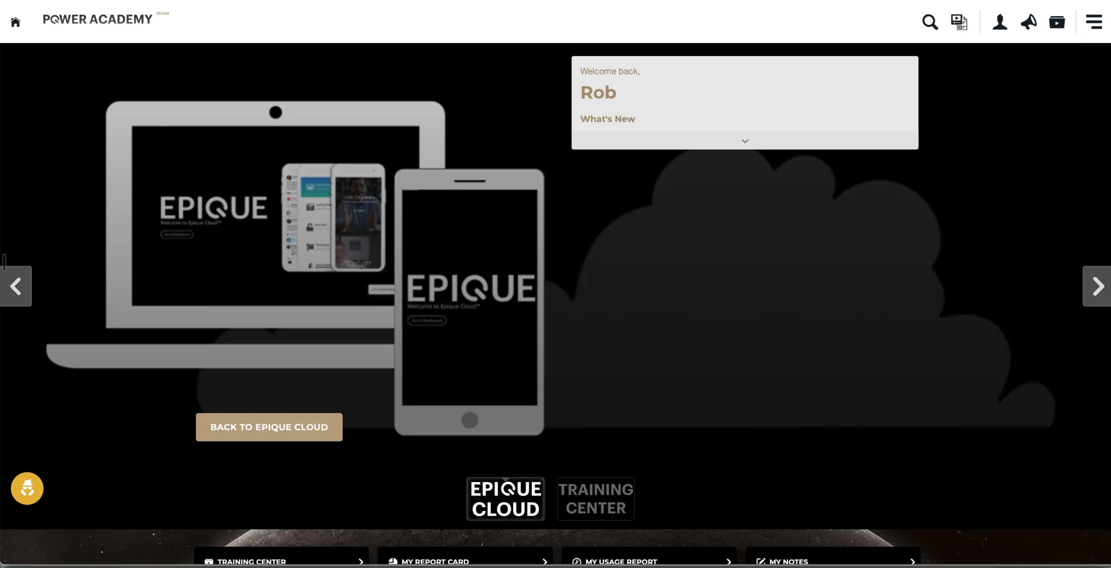 Epique branded academy welcome screen