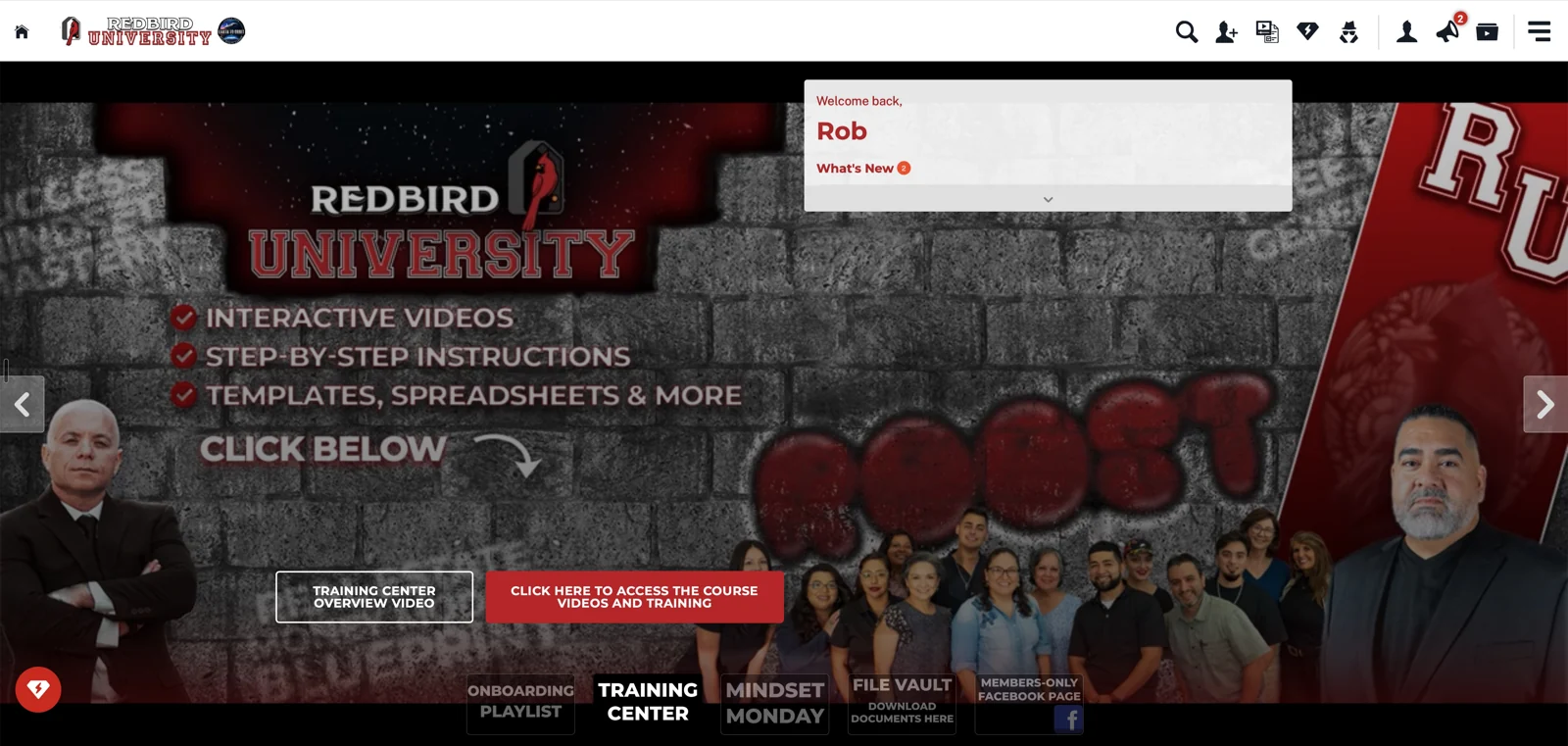 Redbird University branded academy welcome screen