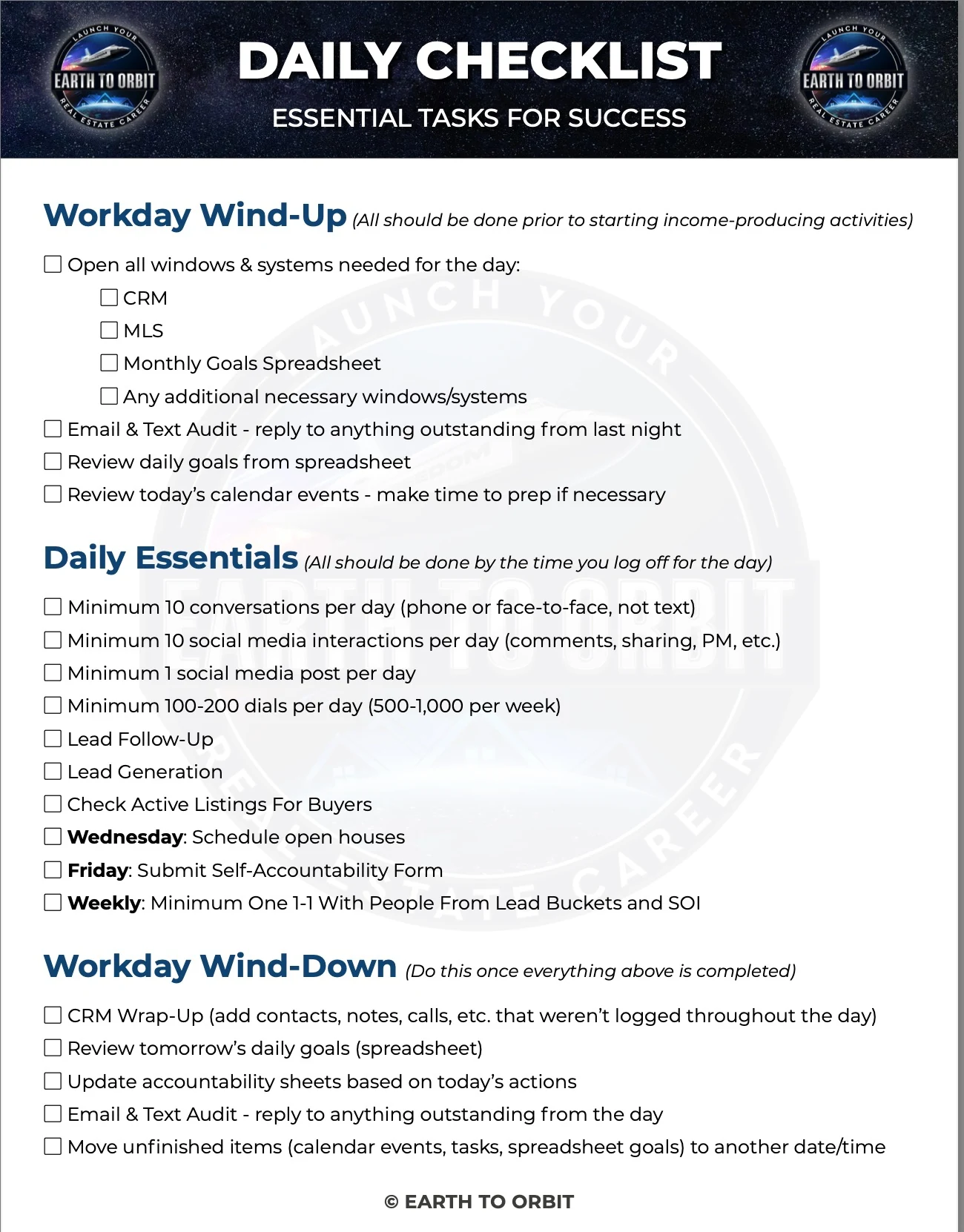 A daily reference for preparation, prospecting, and follow-through.
