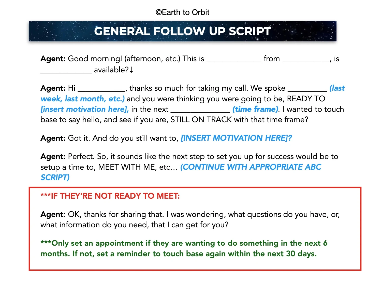 A conversation guide agents can use when following up with leads.